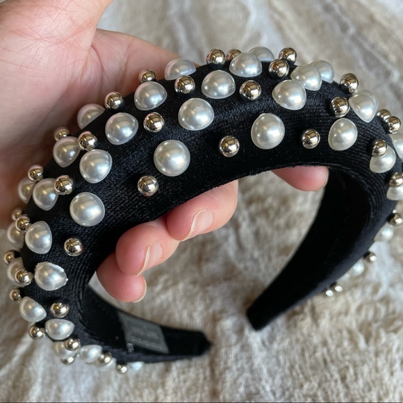 Fancy Black Velvet Pearl Padded Headband main image 6